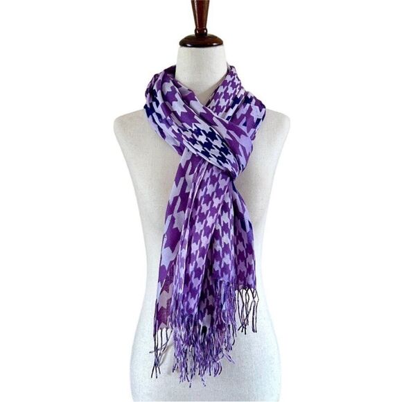 Nordstrom Cashmere Blend Houndstooth Print Fringed Scarf or Wrap Purple OS NEW main image 2